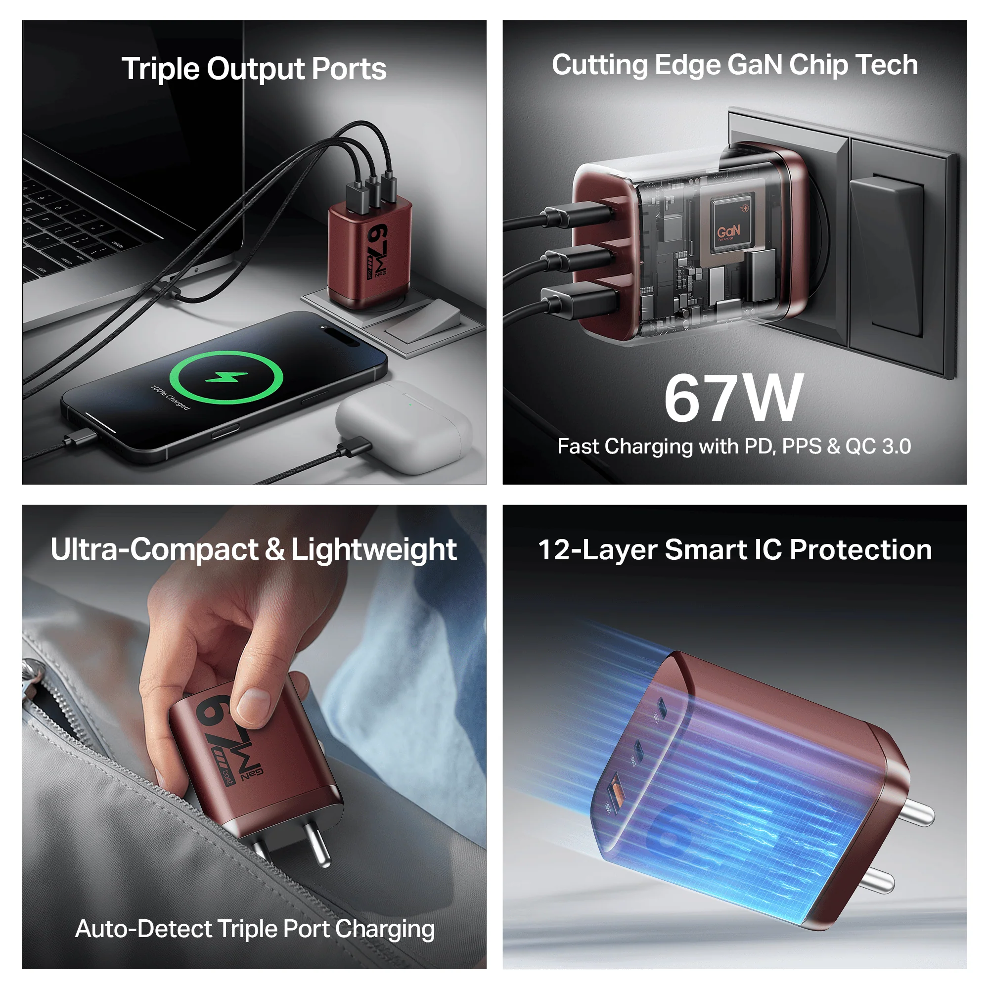 67W GaN Charger | Fast Triple-Port Charger with GaN Chip, Auto-Detect Tech & Smart IC Protection - Image 14
