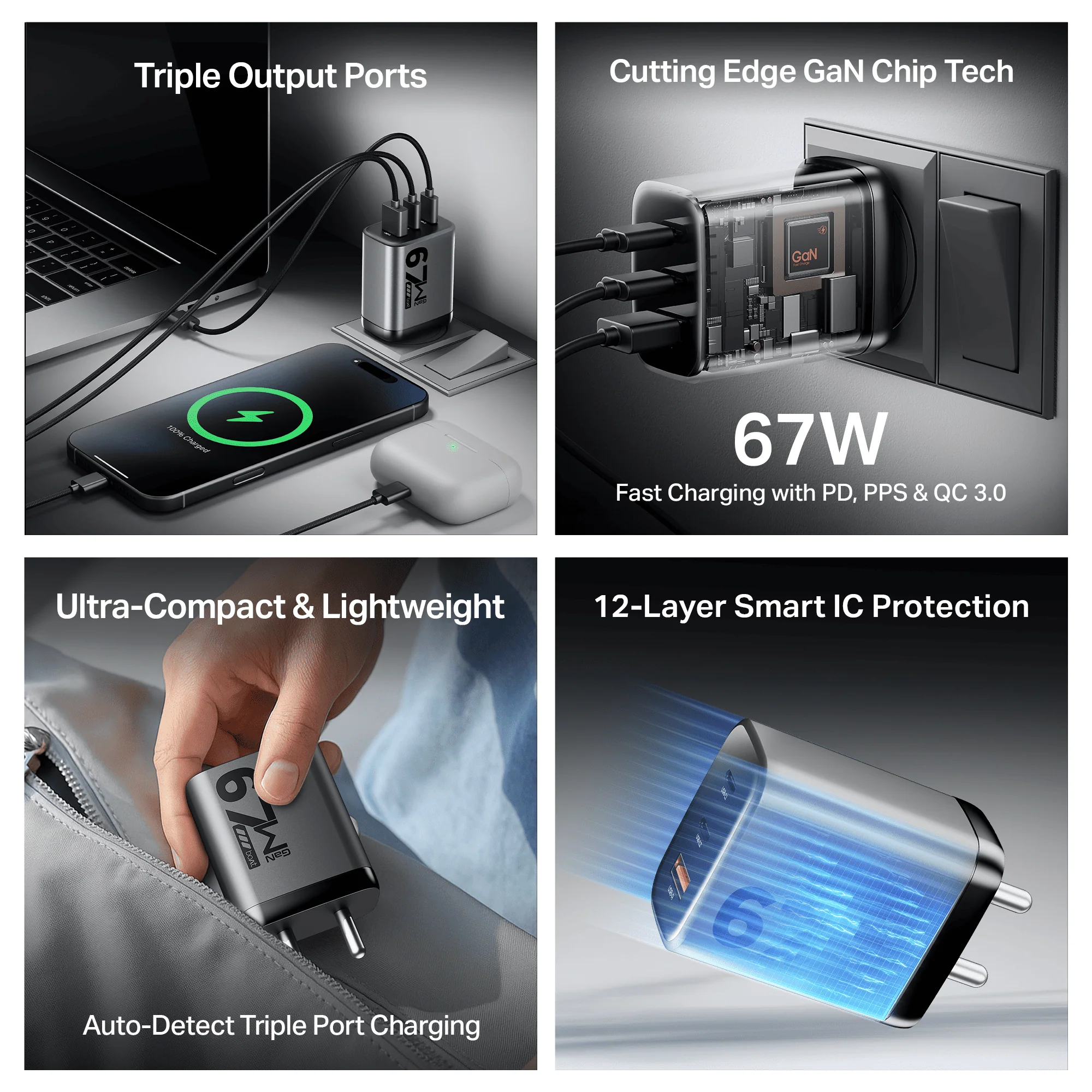 67W GaN Charger | Fast Triple-Port Charger with GaN Chip, Auto-Detect Tech & Smart IC Protection - Image 8