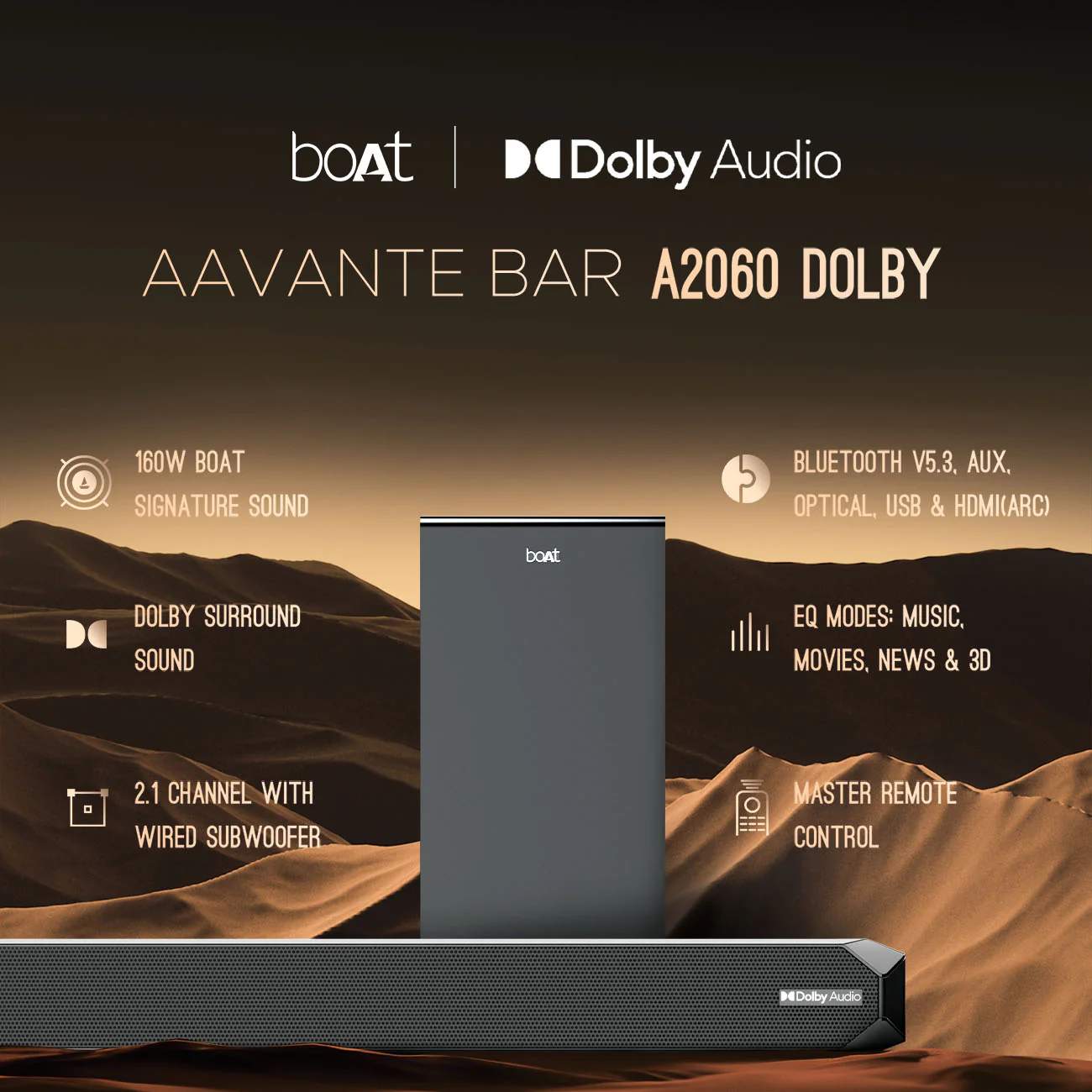 boAt Aavante Bar A2060 Dolby | 160W Dolby Soundbar, 2.1 Channel with Wired Subwoofer, Master Remote Control, Multi Connectivity - Image 8