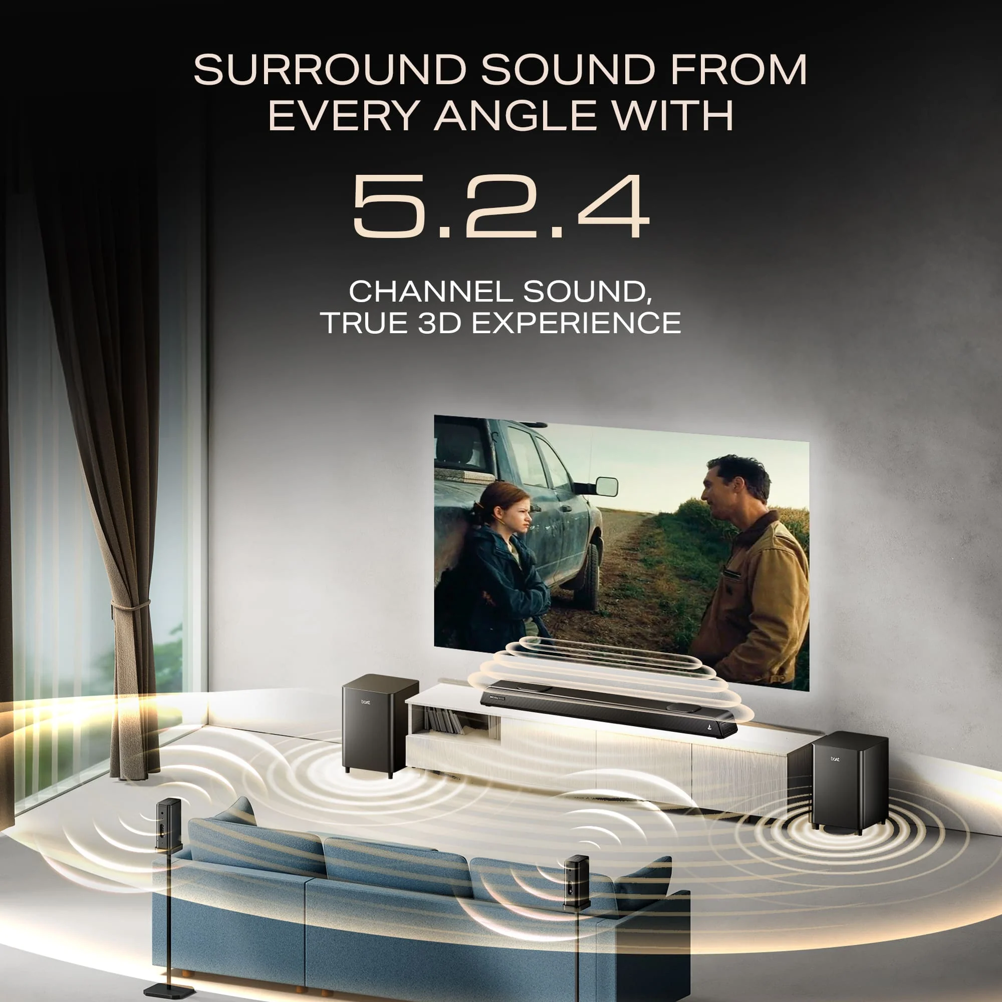 boAt Aavante Prime 5.2.4 6250DA | 625W 5.2.4 Channel Soundbar with Dolby Atmos, Dual Subwoofers & Wireless Rear Satellites - Image 4