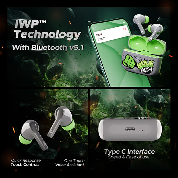 boAt Airdopes 161 Hulk Edition | Wireless Earbuds with 40 Hours Playback, ASAP™ Charge, boAt Immersive Sound, Bluetooth v5.1 - Image 6