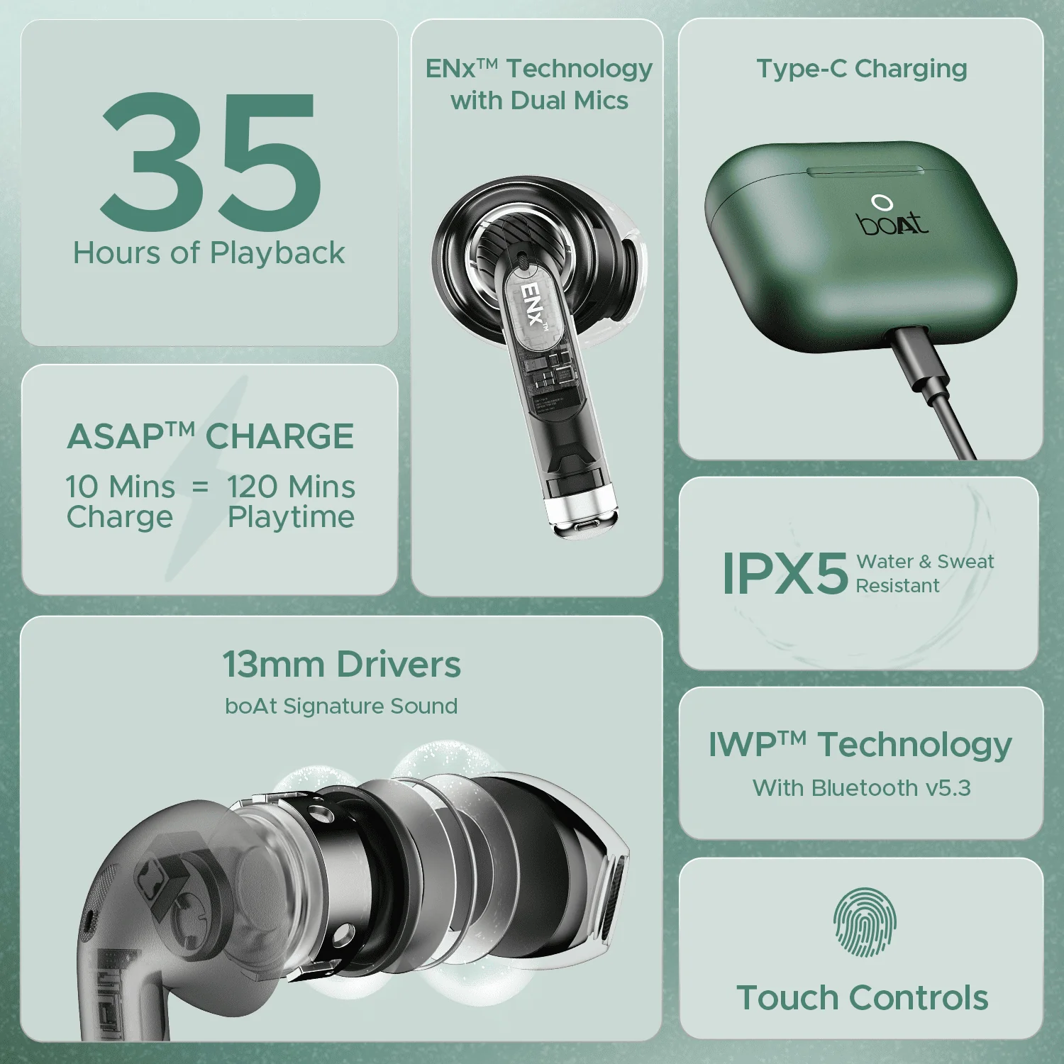 boAt Airdopes Alpha | True Wireless Earbuds with 35 Hours Playback, 13mm Drivers, ENx™ Tech, ASAP™ Charge, IWP™ Technology - Image 47