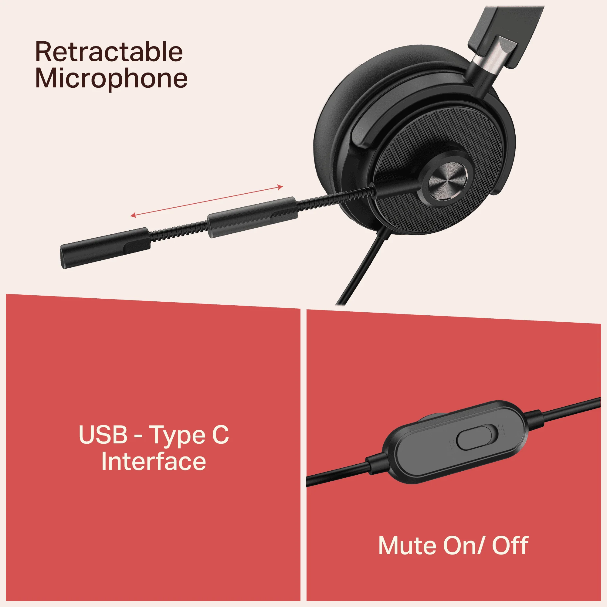 Bassheads 900 C Pro | USB Type-C Wired Headset with Retractable Mic, Remote Control & Adjustable Headband - Image 5