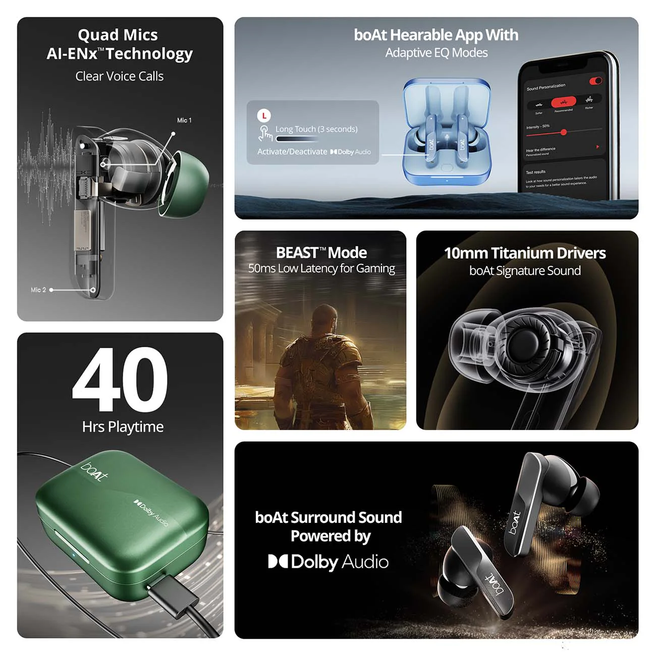 boAt Airdopes 800 | Wireless Earbuds with 40 Hours Playback,Dolby Audio,  BEAST™ Mode, ASAP™ Charge, ENx™ Technology - Image 6