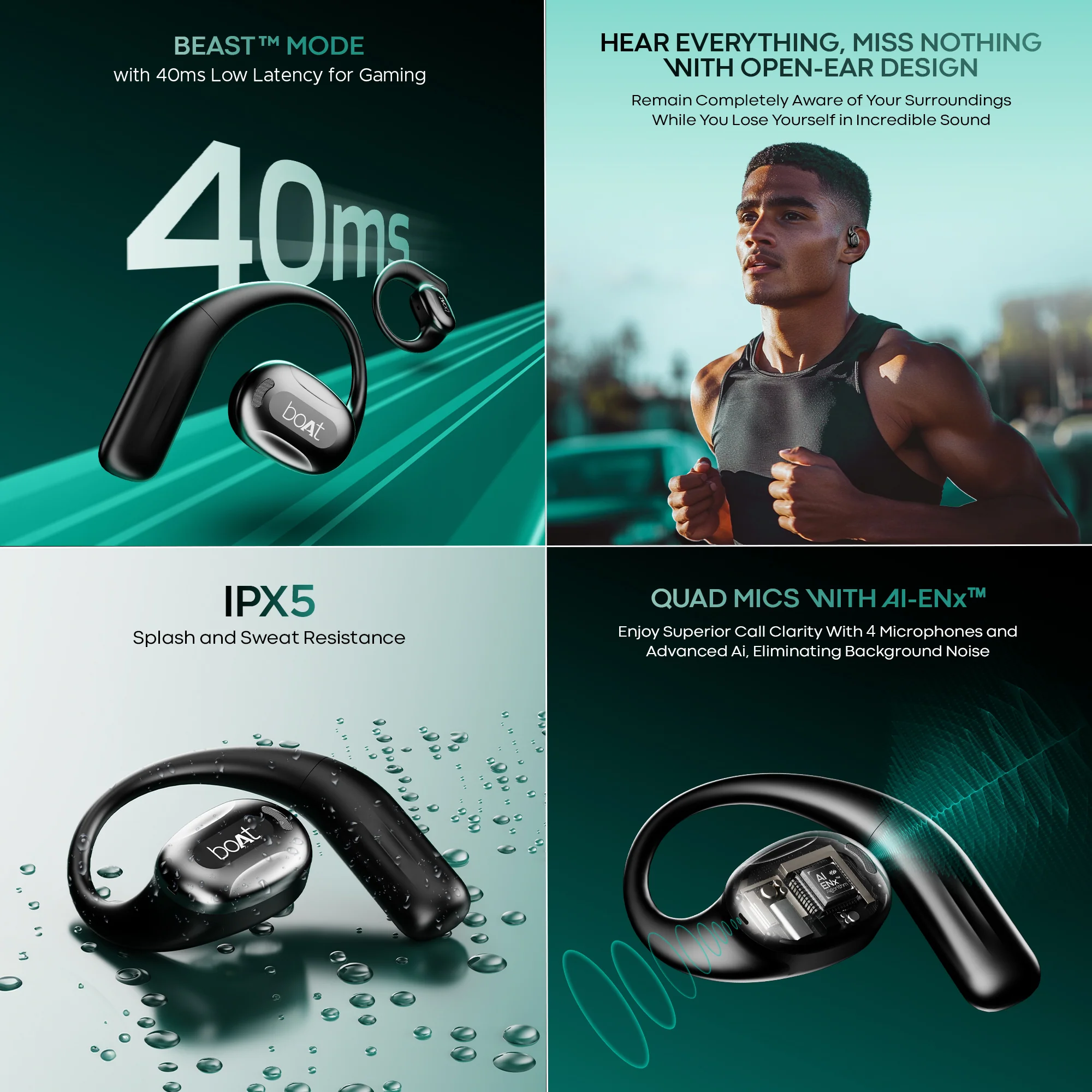 boAt Airdopes ProGear | Wireless Earbuds with 100 Hours Playback, Quad Mics with ENx™ Tech, Air Conduction Tech (Perfect for Outdoor Sports) - Image 3