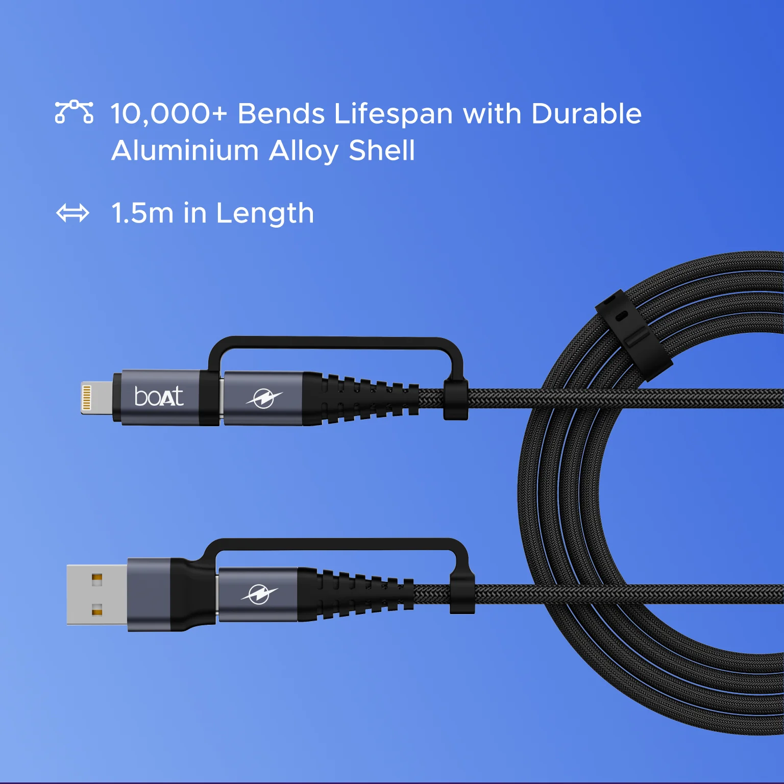 boAt Flexicharge 400 | 4-in-1 Charging Cable with 2 Swappable Heads, 480 Mbps Data Sync, USB-A, Type-C, & Lightning, 1.5m Cable - Image 4