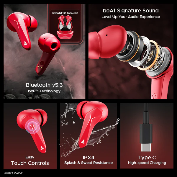 boAt Immortal 121 Deadpool Edition | Wireless Gaming Earbuds with 40 Hours Playback, BEAST™️Mode, ENx™ Tech, Blazing RGB Lights - Image 6