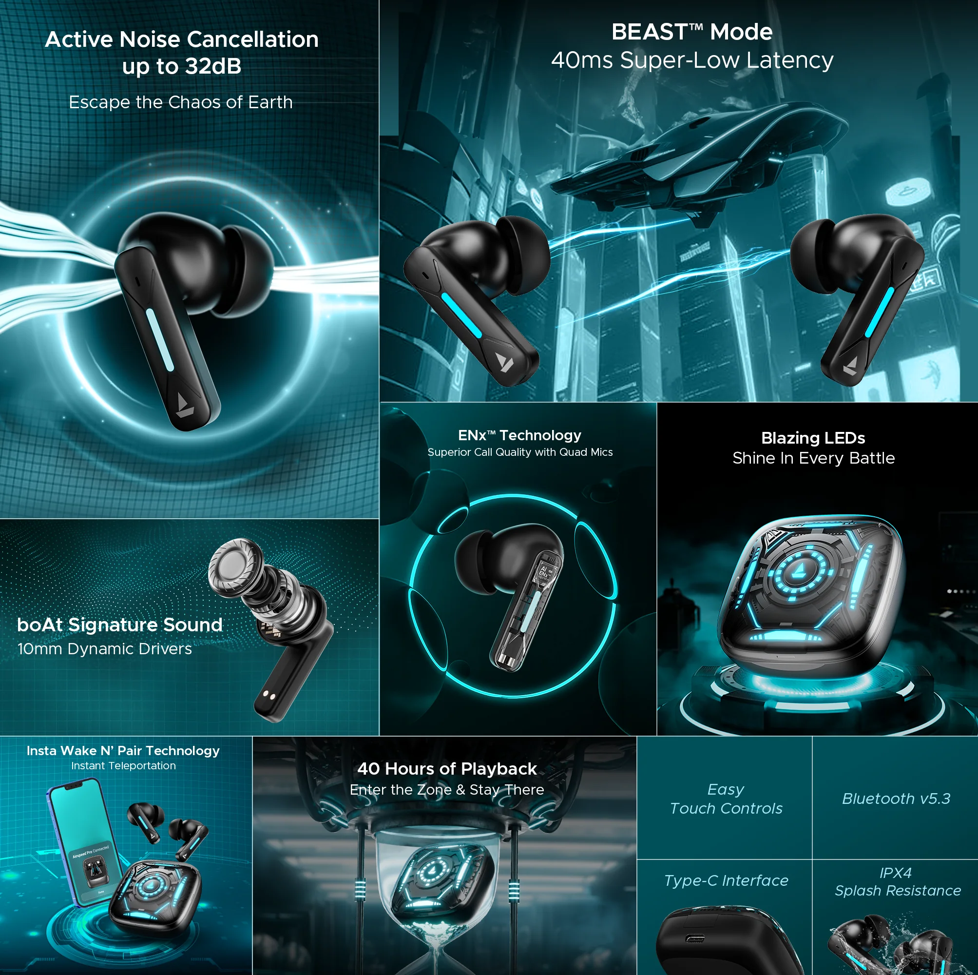boAt Immortal Airspeed Pro | Bluetooth Gaming Wireless Earbuds with 40ms BEAST™ Mode, Up to 32dB ANC, ENx™ Tech - Image 3