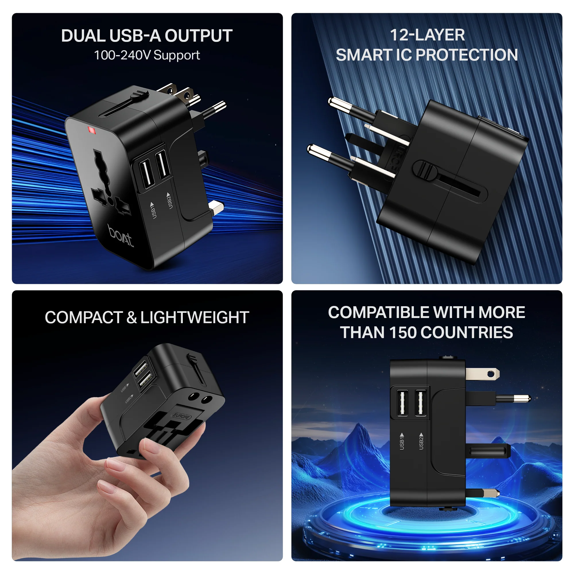 boAt Universal Adapter C10 | 5-in-1 Travel Adapter with Dual USB-A, Compatibility & Smart IC Protection - Image 7